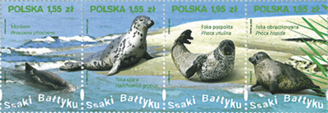 Stamps with images of the harbour porpoise and seals living in the Baltic