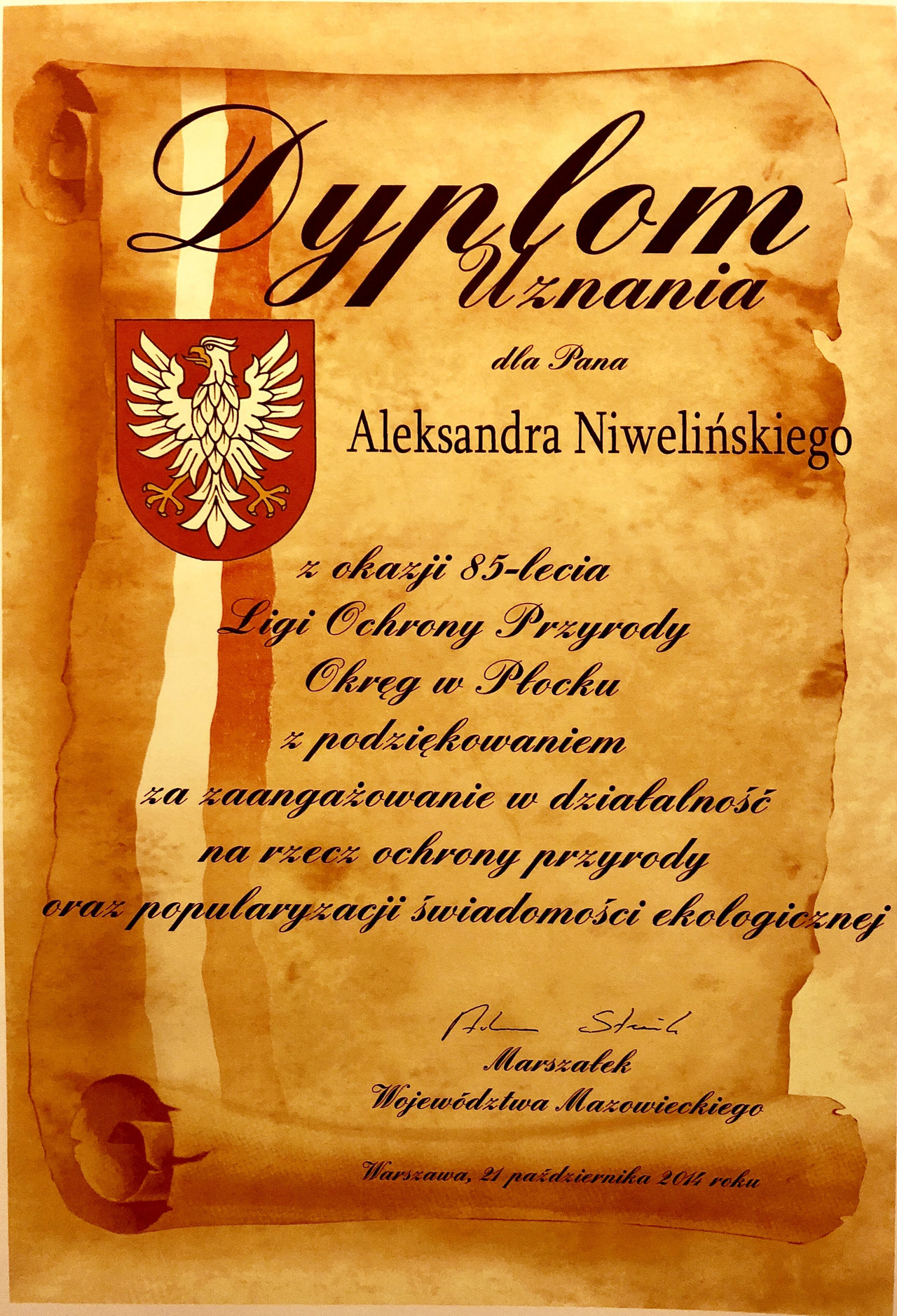 Diploma Aleksander Niweliński - Mazovian Voivodship Marshal